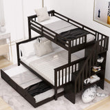 Merax Twin-Over-Full Stairway Bunk Bed with Trundle, Storage Staircase and Full Length Guardrail, Solid Wood Storage Bunk Bed with Trundle, No Spring Box Needed (Espresso) Merax