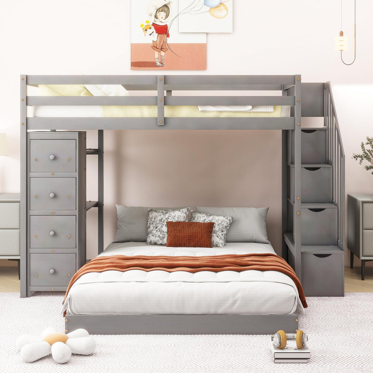 Harper & Bright Designs Grey Twin Over Full Bunk Bed with Storage Stairs and Drawers Harper & Bright Designs