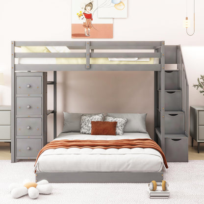 Harper & Bright Designs Grey Twin Over Full Bunk Bed with Storage Stairs and Drawers