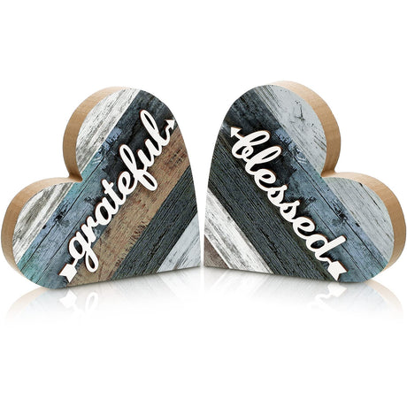 Jetec 2 Pcs Rustic Wood Home Sign Farmhouse Love Wooden Heart Shaped Table Centerpiece Valentines Day Decoration for Home Kitchen Living Room Dining Room Table Decoration (Grateful Style) Jetec