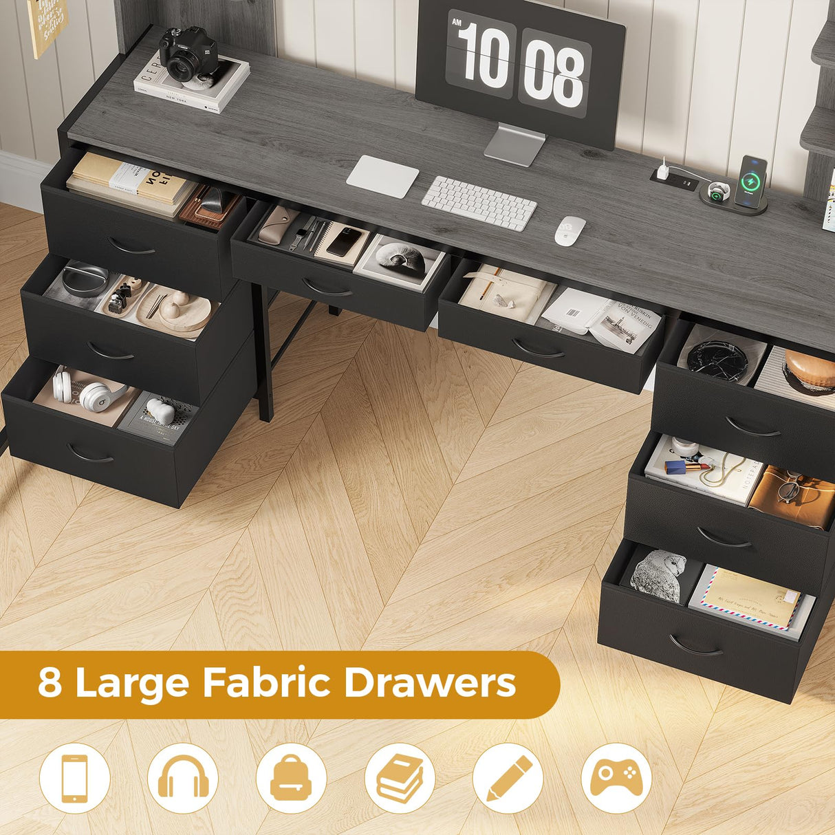 ADORNEVE Full Size Loft Bed with Desk and 8 Storage Drawers, Metal Loft Beds Full with LED Lights & Charging Sation, Heavy Duty Loft Bed Frame with 6 Storage Shelves, Space-Saving, Noise Free,Grey ADORNEVE