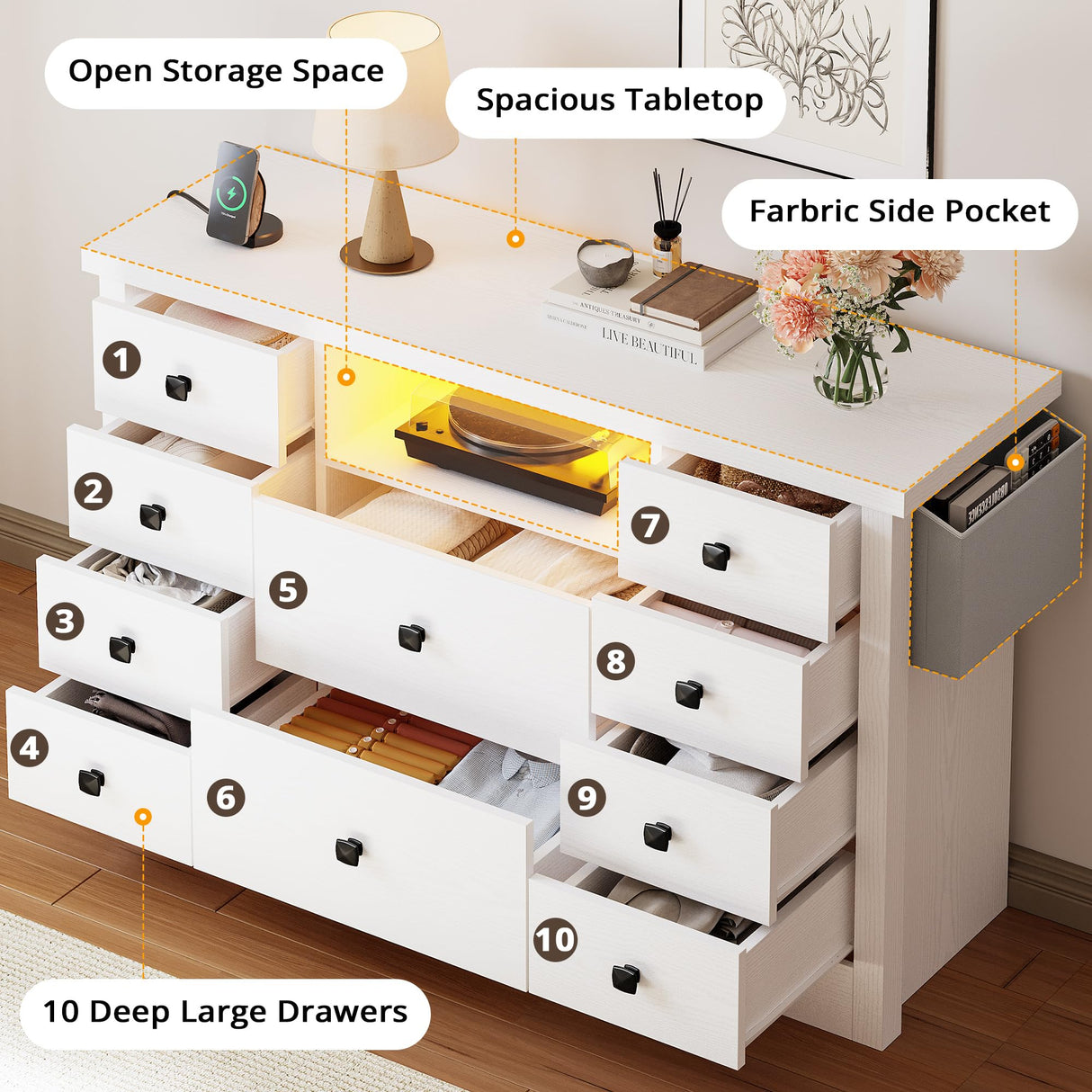 LIKIMIO Dresser with 10 Drawers, Bedroom Wooden Chest of Drawers with LED Lights and Power Outlets, Fabric Side Pocket, TV Stand for Living Room, White LIKIMIO