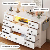 LIKIMIO Dresser with 10 Drawers, Bedroom Wooden Chest of Drawers with LED Lights and Power Outlets, Fabric Side Pocket, TV Stand for Living Room, White LIKIMIO