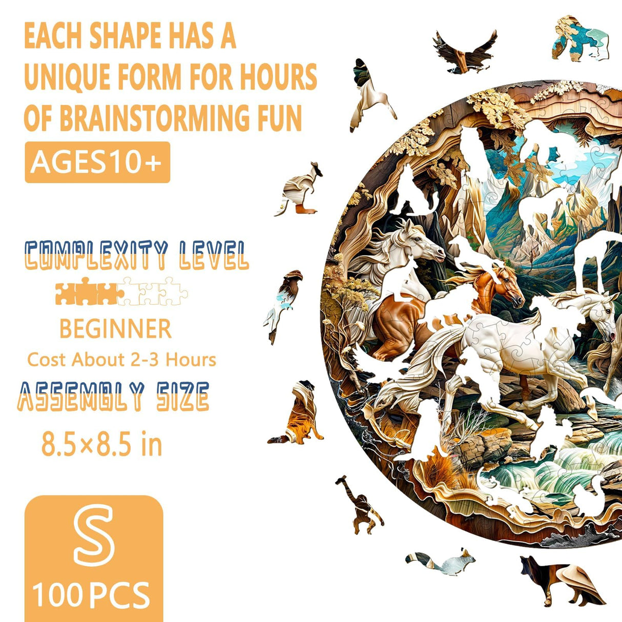 Wooden Puzzles for Adults, 3D Visual Effects Running Horses Wooden Jigsaw Puzzles for Adult, Wood Puzzles Adult, Cool Puzzles, Unique Gift Idea, Wall Art Canvas Puzzle (S-8.5 * 8.5in-100 Pcs) Pijesaksa