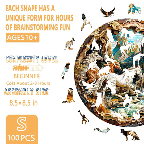Wooden Puzzles for Adults, 3D Visual Effects Running Horses Wooden Jigsaw Puzzles for Adult, Wood Puzzles Adult, Cool Puzzles, Unique Gift Idea, Wall Art Canvas Puzzle (S-8.5 * 8.5in-100 Pcs) Pijesaksa