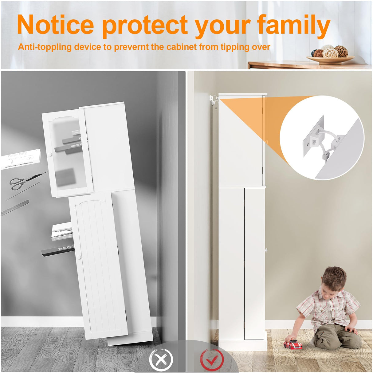 HOME BI 64" Kitchen Pantry Cabinet, Tall Freestanding Pantry with Glass Doors,Wooden Food Pantry Storage Cabinet for Home Kitchen, Dining Room, Living Room, White HOME BI