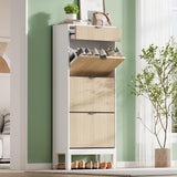 GarveeHome Shoe Cabinet with 3 Flip Doors & 1 Drawer, Entrance Wooden Shoe Rack with Iron Legs, Slim Shoe Storage Cabinet, Modern Fluted Shoe Organizer for Entryway Hallway, White+Oak GarveeHome