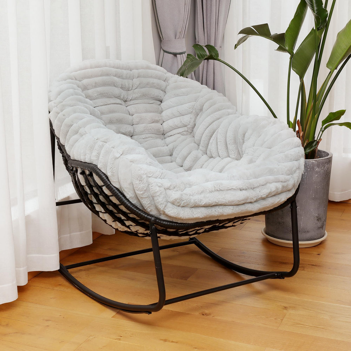 Naga Bahna Outdoor Rocking Chair, Patio Wicker Egg Chair, Indoor Comfy Oversized Papasan Chair with Padded Cushion, Royal Rattan Rocker for Front Porch, Garden, Patio (Light Grey) Naga Bahna