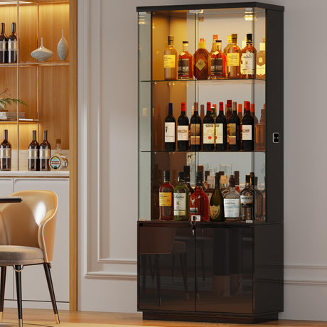 HNEBC 71'' Display Cabinet with Glass Doors&3 Color Lights&Lockable for Bedroom Black,High Gloss Curio Cabinet with Adjustable Glass Shelf 3-Tier Bookcase for Living Room HNEBC