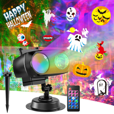 8-Pattern Halloween Projector Lights Outdoor 2-in-1, Holiday Projector Lights Outdoor 26 Effects (Projection Card +3D Ocean Wave) with Timer, Halloween Christmas Decorations Lighting for Party Decor