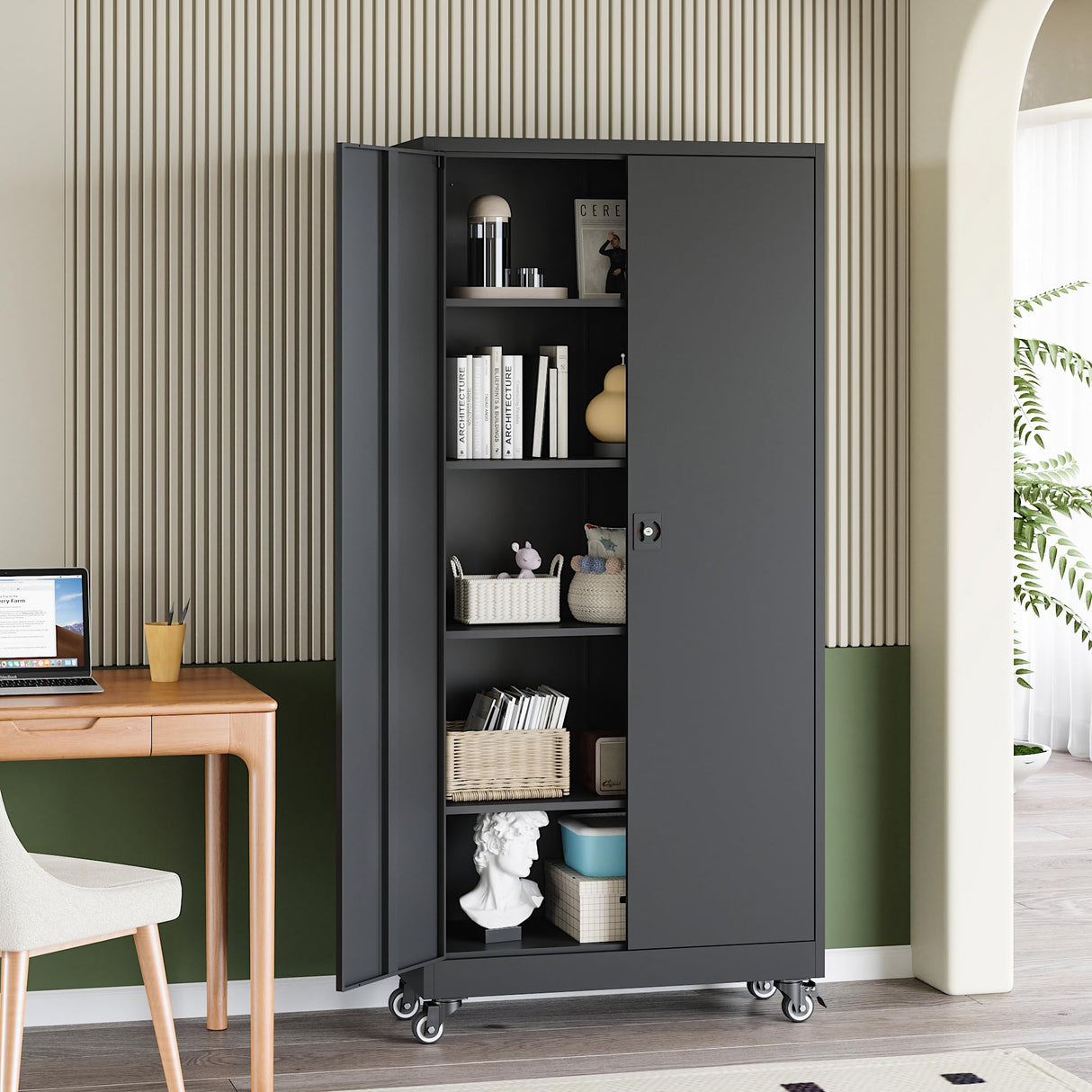 RAVIGIN Metal Garage Storage Cabinet with Wheels,73" H Locking Tool Cabinet with 2 Doors and 4 Adjustable Shelves Tall Cabinet for Garage, Heavy Duty File Cabinet for Office, School (Black) RAVIGIN