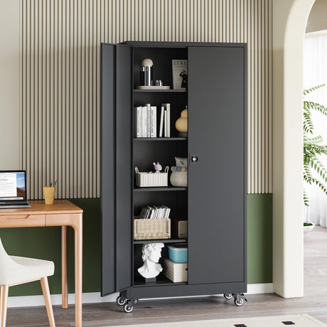 RAVIGIN Metal Garage Storage Cabinet with Wheels,73" H Locking Tool Cabinet with 2 Doors and 4 Adjustable Shelves Tall Cabinet for Garage, Heavy Duty File Cabinet for Office, School (Black) RAVIGIN