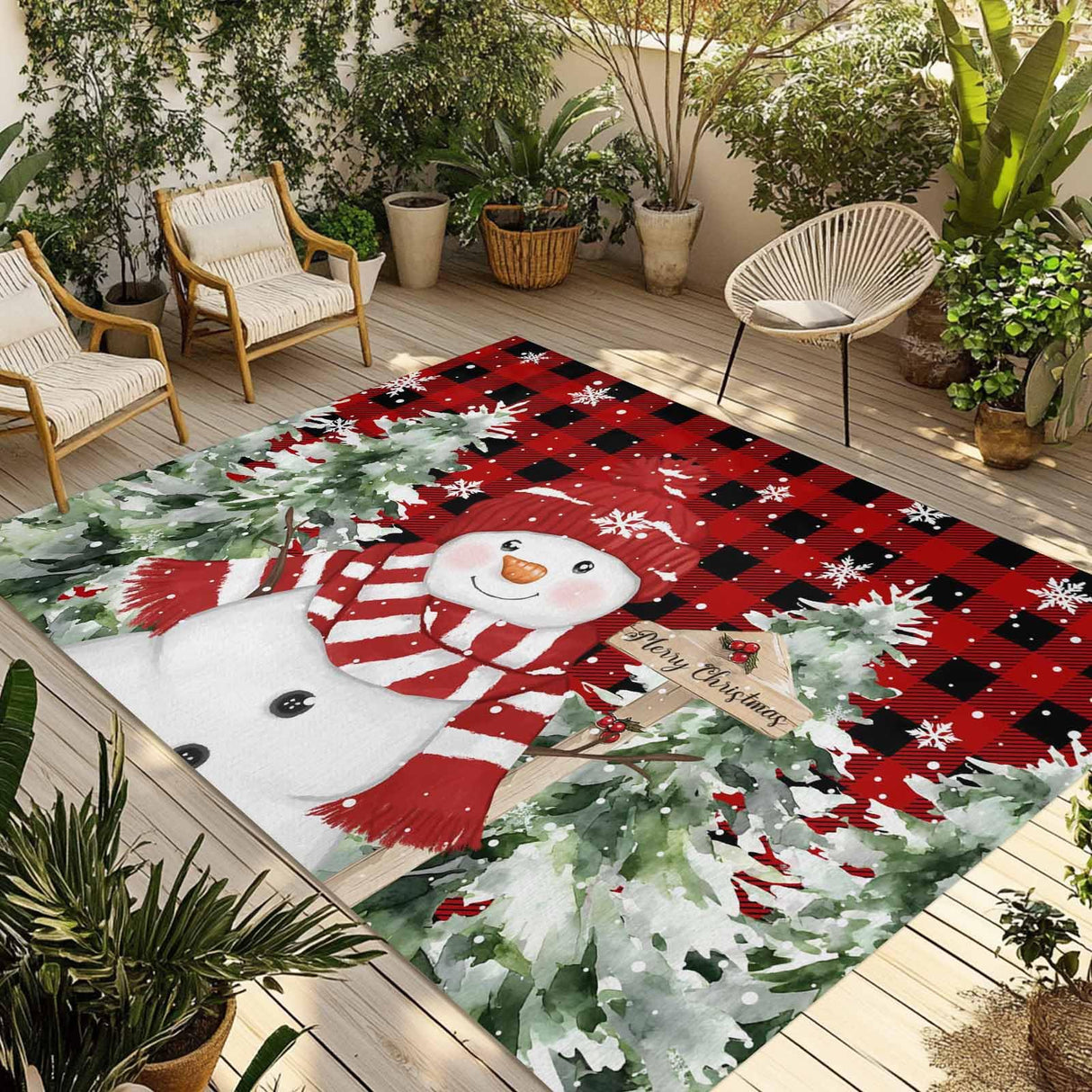 Christmas Red Snowman Outdoor Rug 6x9ft Winter Snowflakes Tree Red Plaid Waterproof Patio Rugs Lightweight Foldable Outside Large Area Rug Carpet for Porch Deck Balcony Backyard Camper Lkicikik
