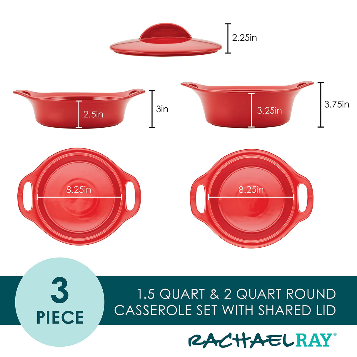 Rachael Ray Solid Glaze Ceramics Casserole Bakers/Baking Dish with Shared Lid Set, 3 Piece, Red Rachael Ray