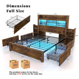LUXOAK Full Bed Frame with 49.6" Bookcase Headboard & 2 Bedside Stoage Racks & 4 Drawers, Farmhouse Wood Bed Frame with RGB LED & Charging Station, No Box Spring Needed, Rustic Brown LUXOAK