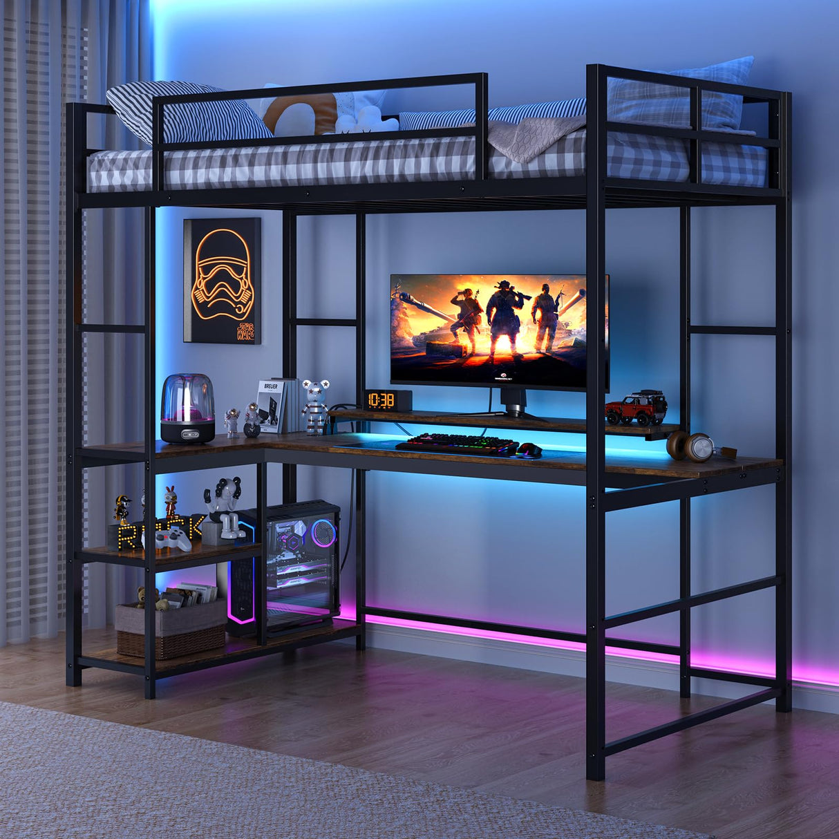 Tatub Twin Loft Bed with Large Desk and LED Lights, Metal Loft Bed with Ladder and Safety Guardrails for Adults, Teens, and Kids in Bedrooms, Apartments, and Dormitories Tatub