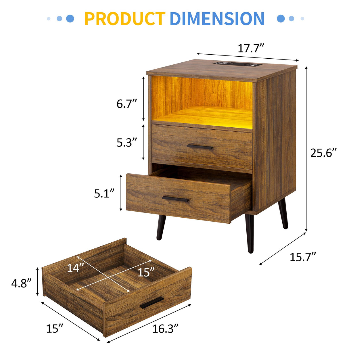 LVSOMT LED Nightstand with 3 Colors Dimmable Light, Bedroom Night Stand with Charging Station, Modern Smart Bed Side Table with 2 Drawers, Metal Legs, End Table for Living Room, Rustic Brown LVSOMT