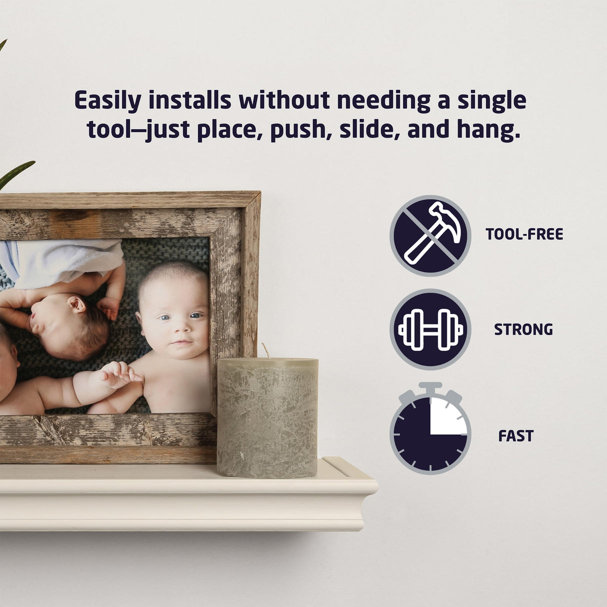 HIGH & MIGHTY Decorative 18" Floating Shelf Holds up to 15 lbs, Easy Tool-Free Dry Wall Installation, Beveled, White | 515654 HIGH & MIGHTY