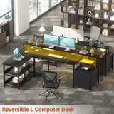 Aheaplus L Shaped Desk with File Drawer, 66" Reversible L Shaped Computer Desk with Power Outlet & LED Strip, Gaming Desk with Long Monitor Stand, Office Desk Corner Desk with Storage Shelf, Black Aheaplus