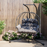 Pamapic 700 LBS Double Egg Chair Outdoor, UV Resistant Cushions Hanging Egg Chair with Armrests & Headrest, Thick Steel Frame Egg Swing Chair with Stand, for Relaxing & Reading Outside/Inside(Grey) Pamapic