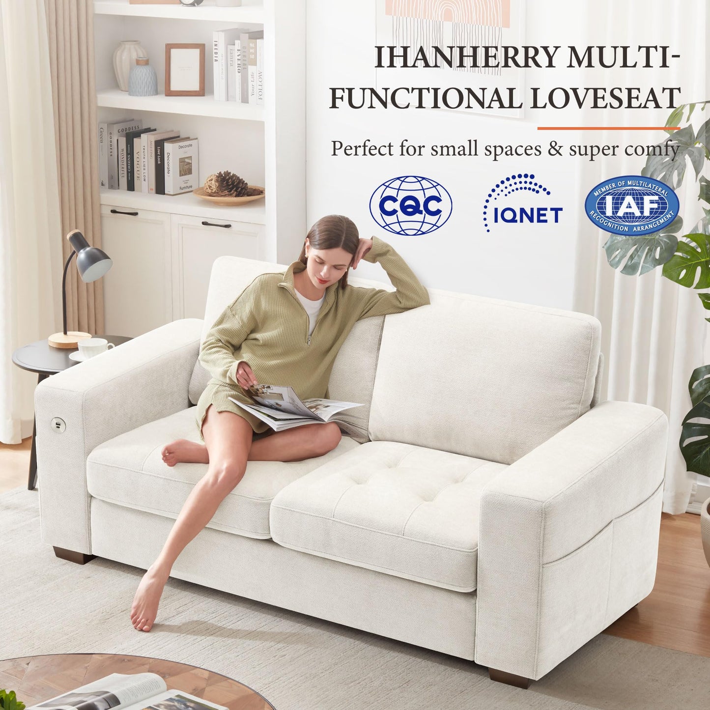 Ihanherry Sofa 70 Inch Loveseat with USB/Type-C Charging Port & Side Pocket, Comfy Modern 2-Seats Sofa for Living Room & Bedroom, Removable Medium Firm Sofa Cushion, Breathable Chenille Fabric, Beige