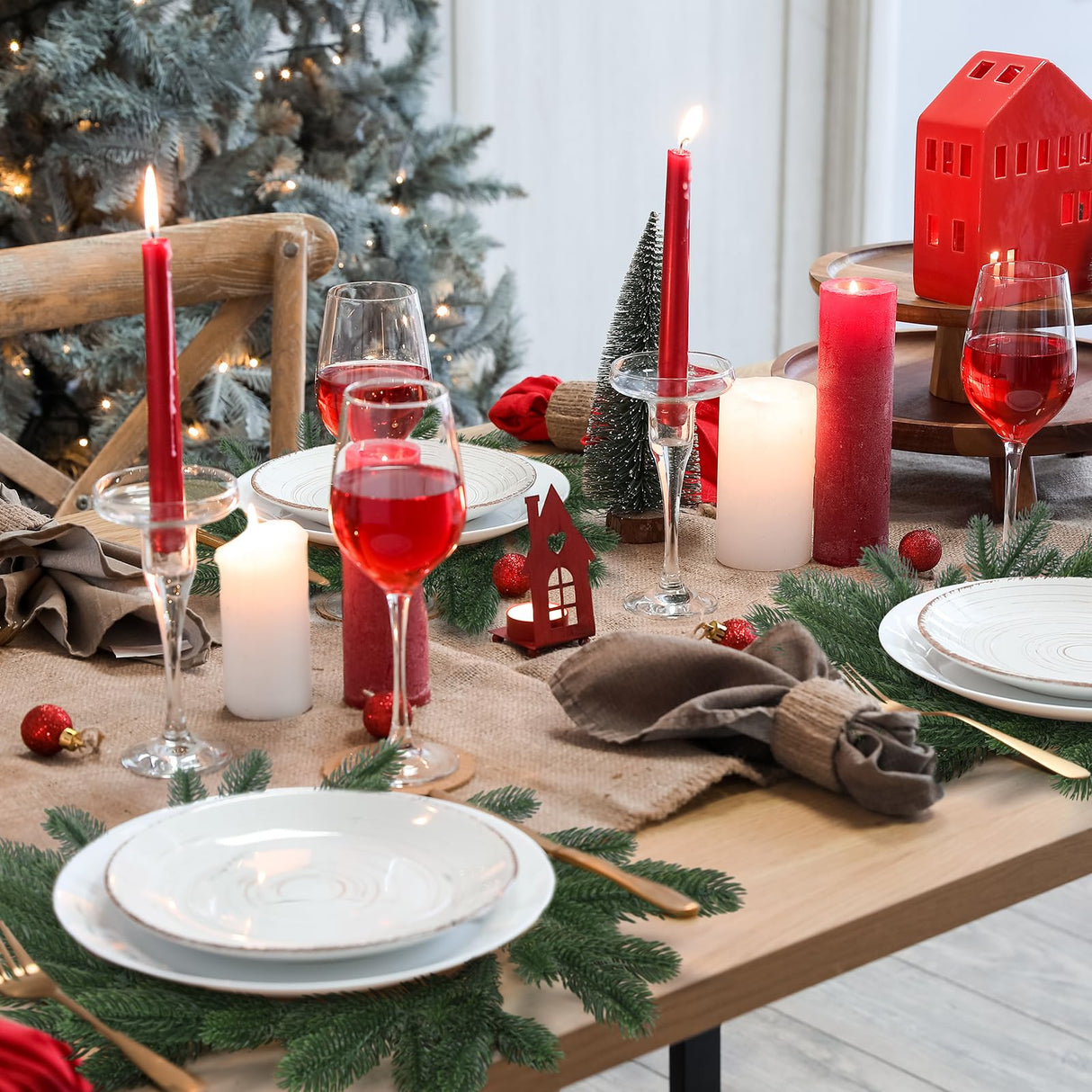 Gandeer Christmas Placemats Set of 6 Round Greenery Place Mats Xmas Circular Artificial Wreath Dining Table Decor Winter Fake Plants Branches Mats for Kitchen Accessories(Norfolk) Gandeer