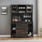 IDEALHOUSE Farmhouse Coffee Bar Cabinet with Sliding Barn Doors, 70'' Kitchen Hutch Cabinet with Storage, Wine&Glasses Rack, Tall Sideboard Buffet Cabinet for Kitchen, Dining Room, Oak IDEALHOUSE