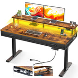 AODK 55 Inch Electric Standing Desk with 3 Drawers, Brown, Height Adjustable Desk with Power Outlets & LED Lights, Stand Up Desk with Monitor Shelf, Sit Stand Desk Computer Workstation AODK