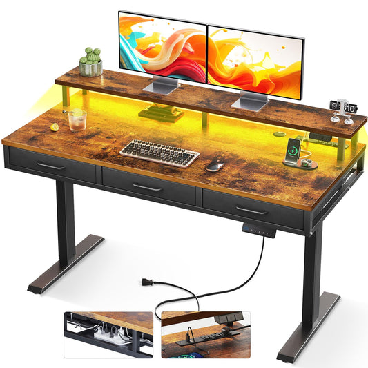 AODK 55 Inch Electric Standing Desk with 3 Drawers, Brown, Height Adjustable Desk with Power Outlets & LED Lights, Stand Up Desk with Monitor Shelf, Sit Stand Desk Computer Workstation