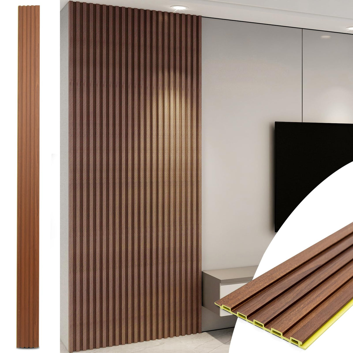 Art3d WPC Slat Wall Panels, 8-Pack 108 x 6 Inch 3D Wall Accents for Interior Wall Decor, Living Room, Bedroom, Teak Art3d