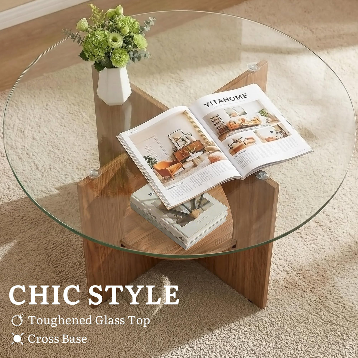 YITAHOME Round Coffee Table, 2-Tier Glass Coffee Tables with Storage, Multi-Purpose Modern Center Table or Cocktail Table for Living Room, Office, Lounge, Walnut YITAHOME