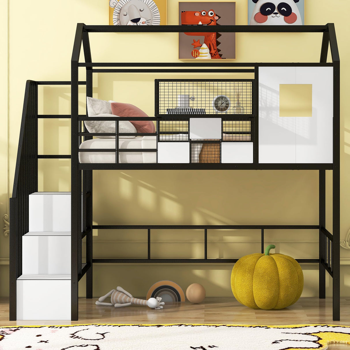 Bellemave Twin Loft Bed with Storage Stairs, Roof, Window and Guardrail, House Loft Bed Twin Size/Metal Loft Bed with Storage Box, Twin Loft Bed for Kids, Girls Boys, Twin Size House Loft Bed Black Bellemave
