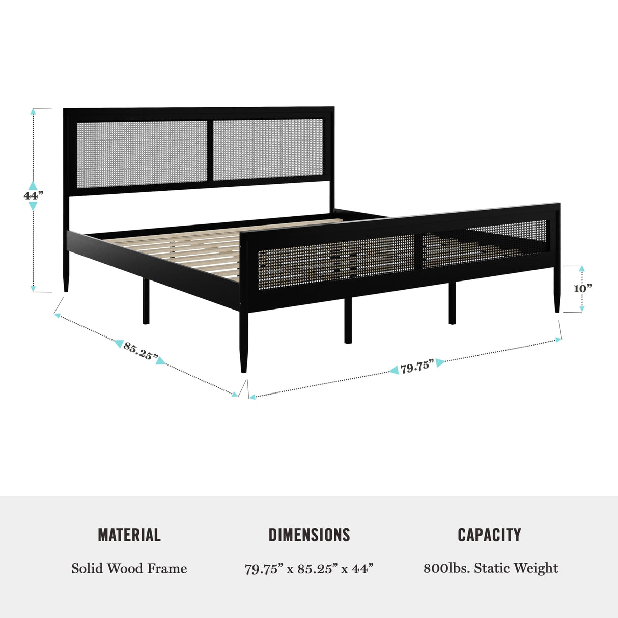 Martha Stewart Jax Platform Bed with Rattan Headboard and Footboard, Solid Wood Frame, Wooden Support Slats, No Box Spring Needed, King Size, Black Martha Stewart