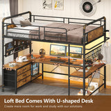 CSZZD Twin Loft Bed with U-Shaped Desk, Metal Loft Bed with LED Lights, Charging Station, Industrial Heavy Duty Bunk Loft Bed Frame with Desk and 3 Storage Drawers, 3 Pegboards, Safety Guard & Ladder CSZZD