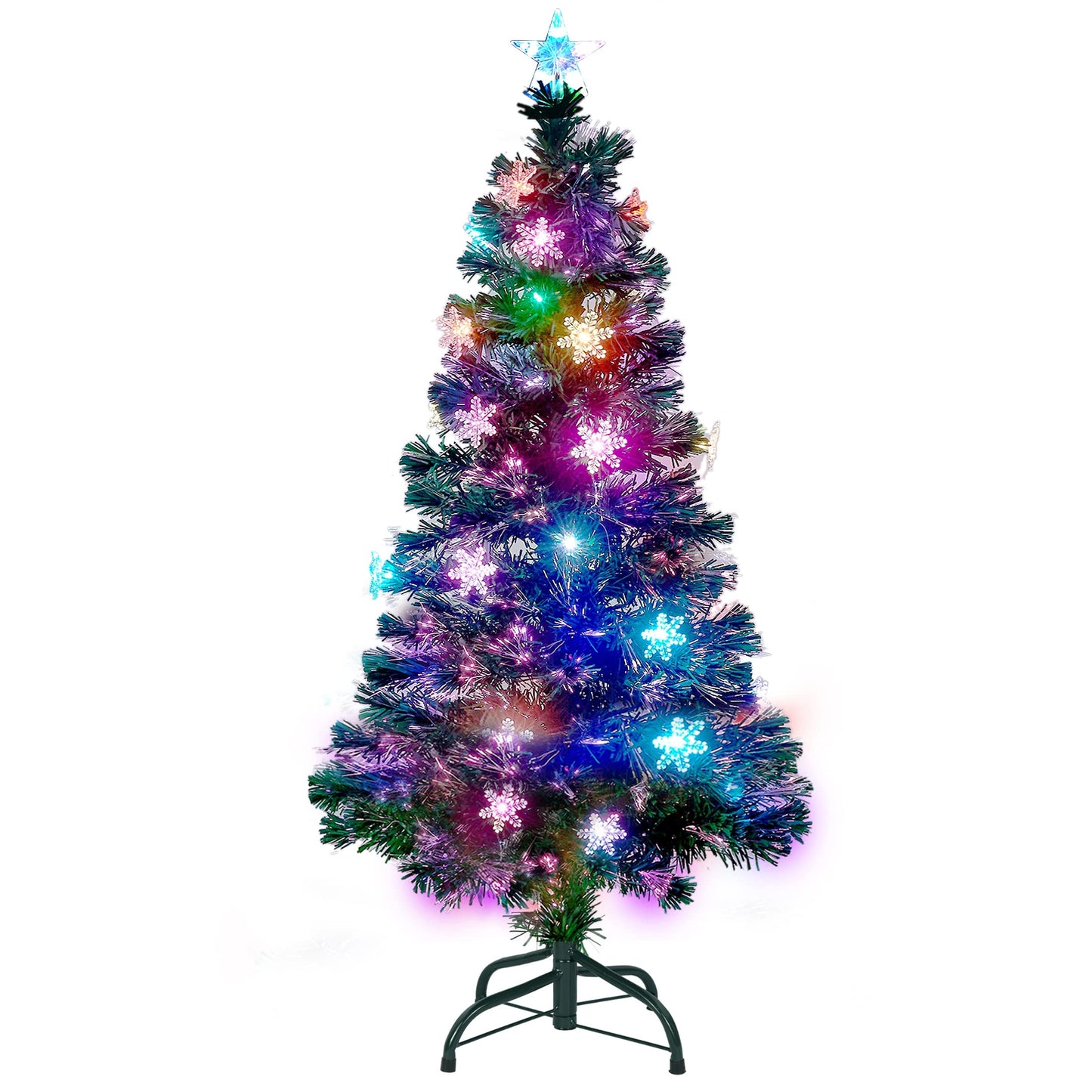 Juegoal 5 ft Pre-Lit Artificial Christmas Tree, Lighted Optical Fiber Xmas Trees with RGB Color Changing LED Lights, Snowflakes & Top Star, Festive Party Holiday Fake Multicolored Tree with Metal Legs