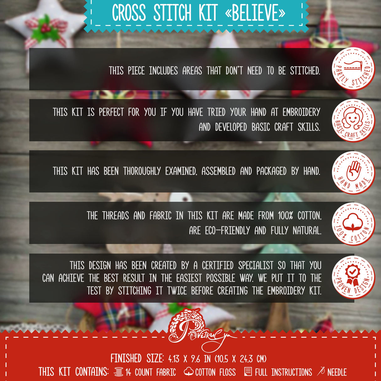 Counted Cross Stitch Kit 'Believe' - Embroidery Set for The Holidays, Encouragement, or Inspiring Everyday Possibilities with a Christmas Tree, Snowflake, Deer and Santa Hat Povitrulya