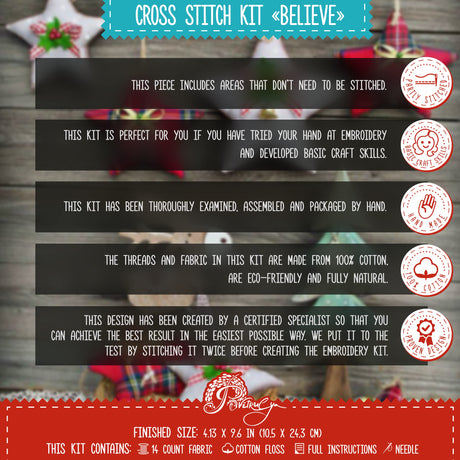 Counted Cross Stitch Kit 'Believe' - Embroidery Set for The Holidays, Encouragement, or Inspiring Everyday Possibilities with a Christmas Tree, Snowflake, Deer and Santa Hat Povitrulya