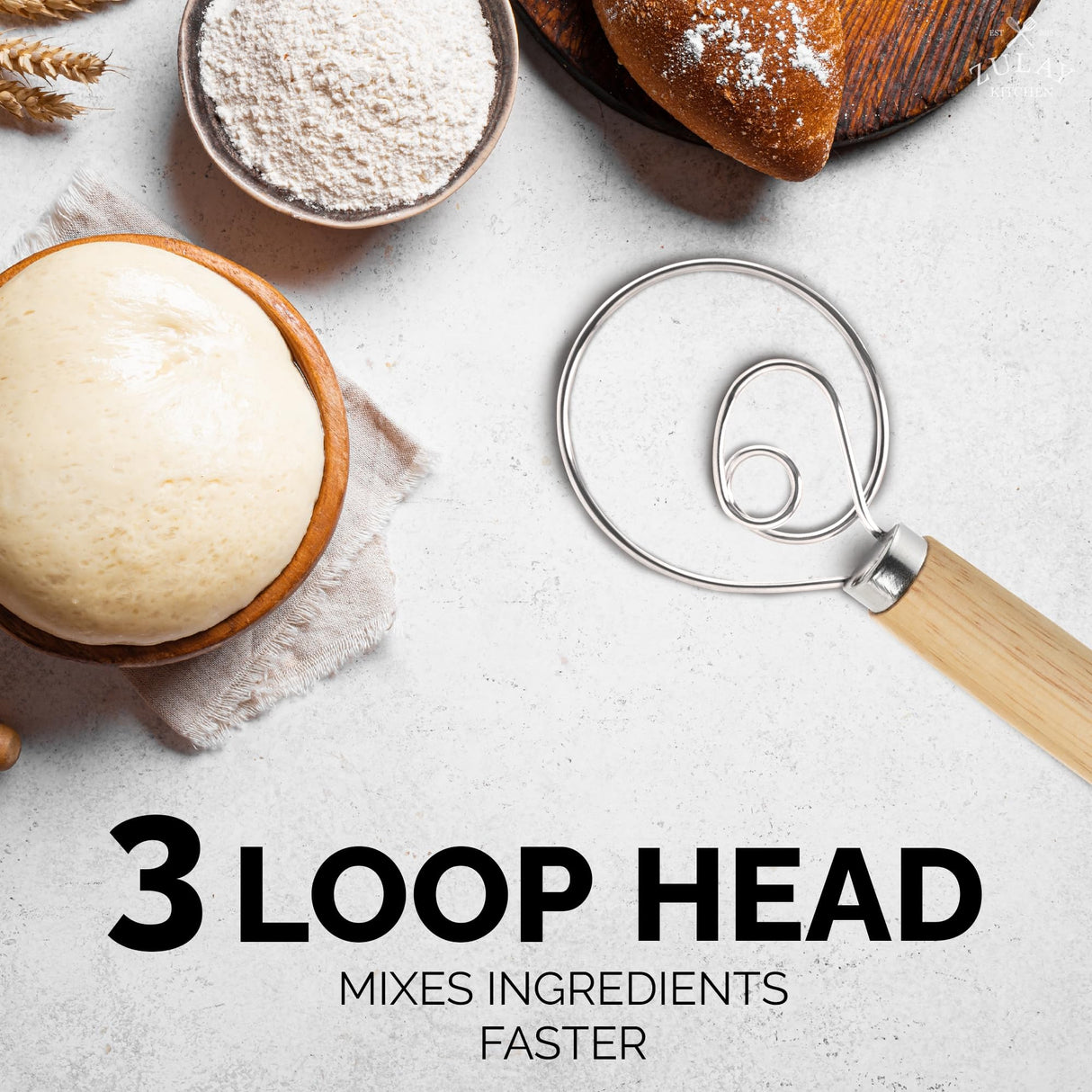 Zulay Kitchen 13-Inch Danish Dough Whisk - Wooden Danish Whisk for Dough with Stainless Steel Dough Hook - Traditional Dutch Whisk - Bread Whisk for Sourdough, Pizza, Pastry, Cake Batter Zulay Kitchen