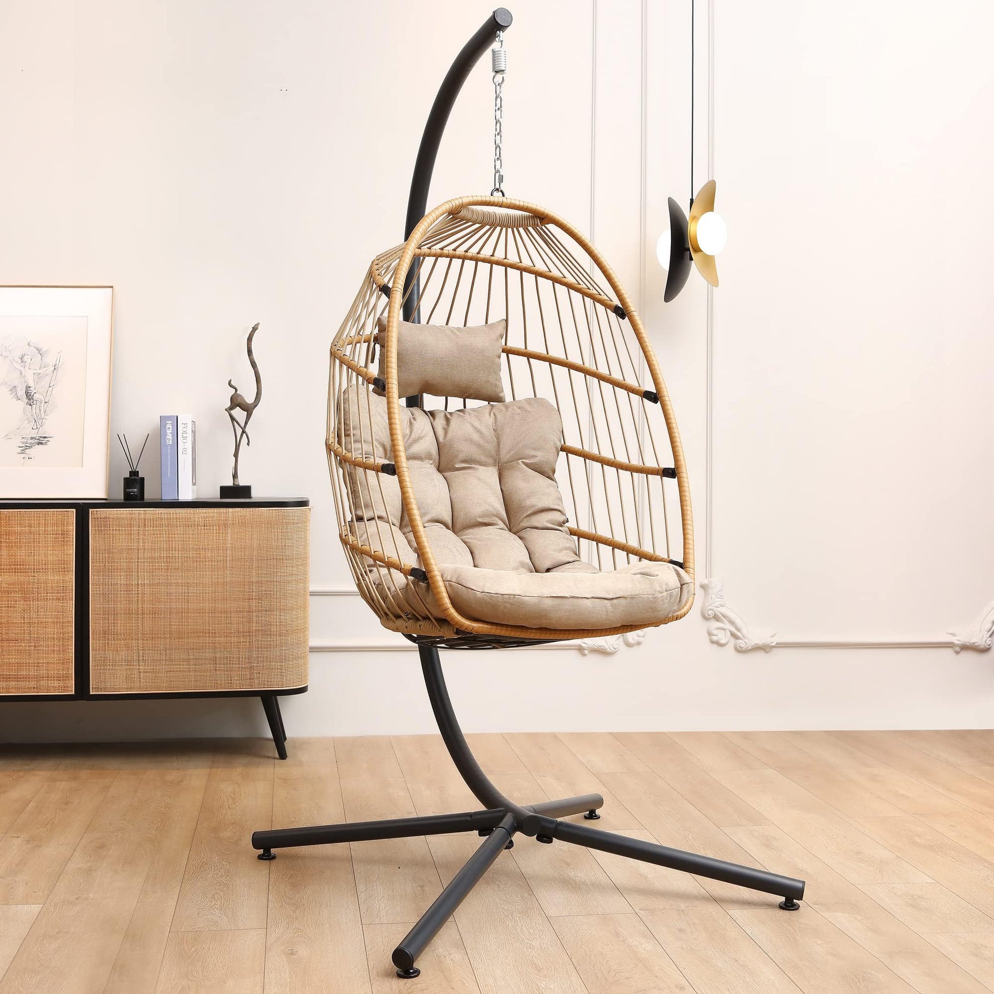 SWITTE Egg Chair Outdoor Indoor with Stand, Hanging Egg Swing Chair with Stand, Wicker Egg Chair with Cushion 350lbs Capacity for Patio(Cream) - WoodArtSupply