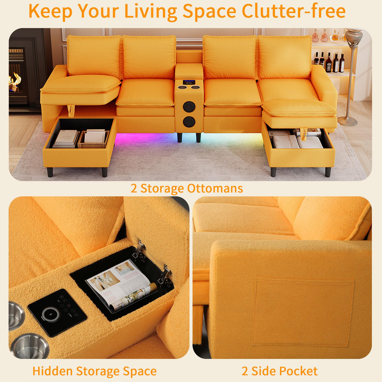 HYZQ Sectional Couches for Living Room, 4 Seat Sectional Sofa with Smart Module-Bluetooth Speaker/RGB Light/Charging Station, Teddy Fleece U Shaped Cloud Couch with Storage Ottoman (Yellow) HYZQ