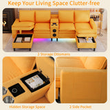 HYZQ Sectional Couches for Living Room, 4 Seat Sectional Sofa with Smart Module-Bluetooth Speaker/RGB Light/Charging Station, Teddy Fleece U Shaped Cloud Couch with Storage Ottoman (Yellow) HYZQ