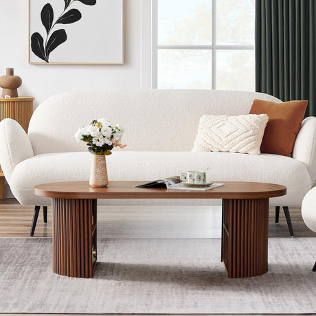 Oval Fluted Coffee Table, 47" Farmhouse Wood Coffee Table Mid Century Modern Center Table Boho Living Room Tables for Living Room Office,Walnut RUSTYER