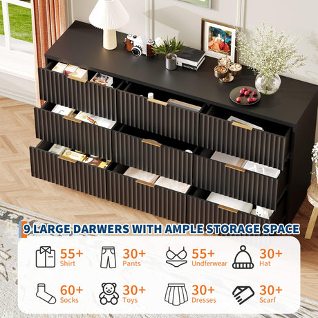 Fluted Dresser for Bedroom, 9 Drawer Dresser, Large Capacity & Anti-Tip, Modern Chest of Drawers with Metal Handles, Wooden Dressers Closet Storage Organizer for Living Room Hallway Entryway GarveeHome