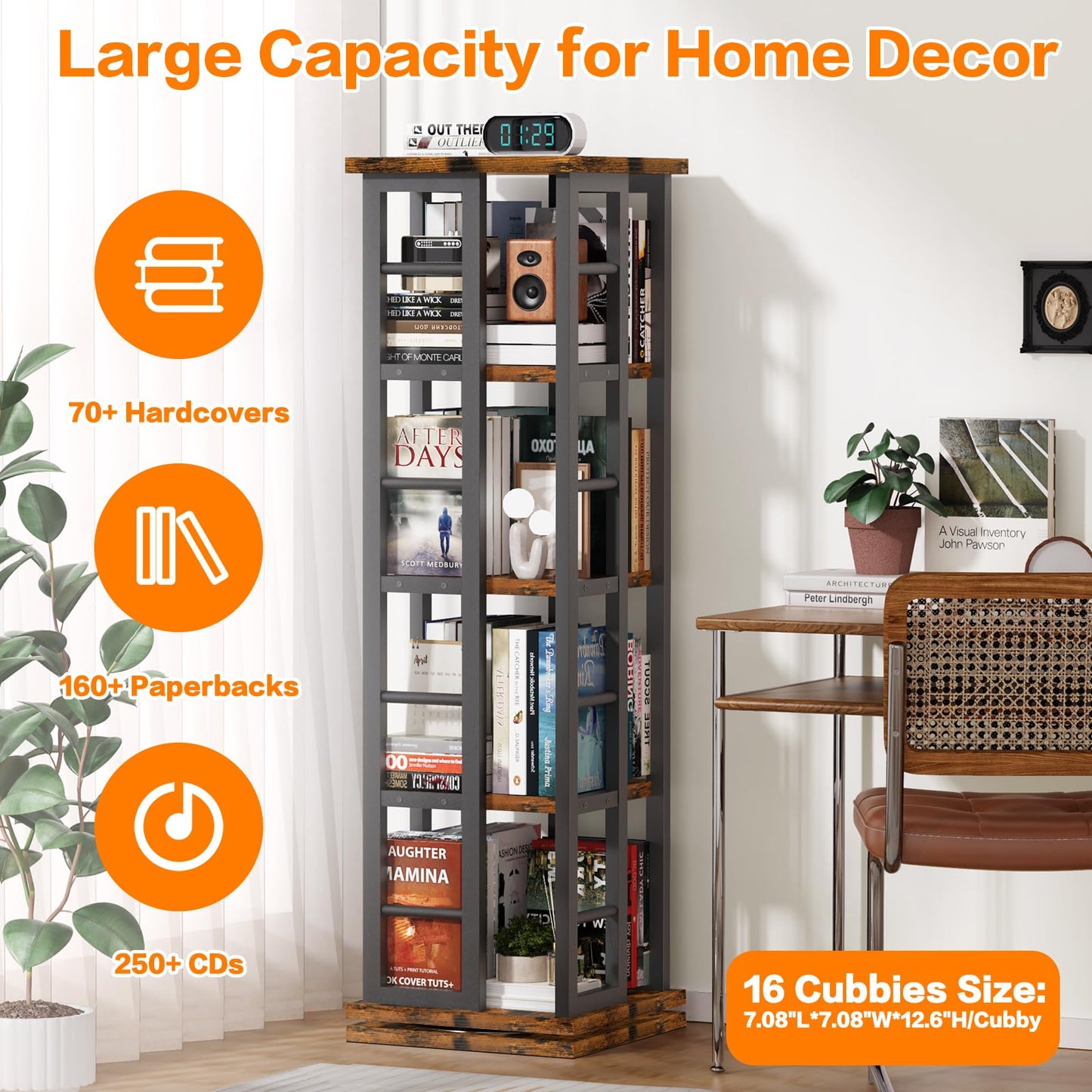 EasyCom 360° Rotating Wood Bookshelf with Metal Frame - 4-Tier Corner Storage for Living Room and Office, Brown - WoodArtSupply