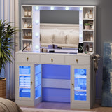 Makeup Vanity Desk with Mirror and Lights, Glass Top Vanity Table Set with Drawers & Power Outlet, Large Dressing Table with 3 Color Lighting Modes & RGB Cabinets for Women Girls Kids Bedroom, White Xixini