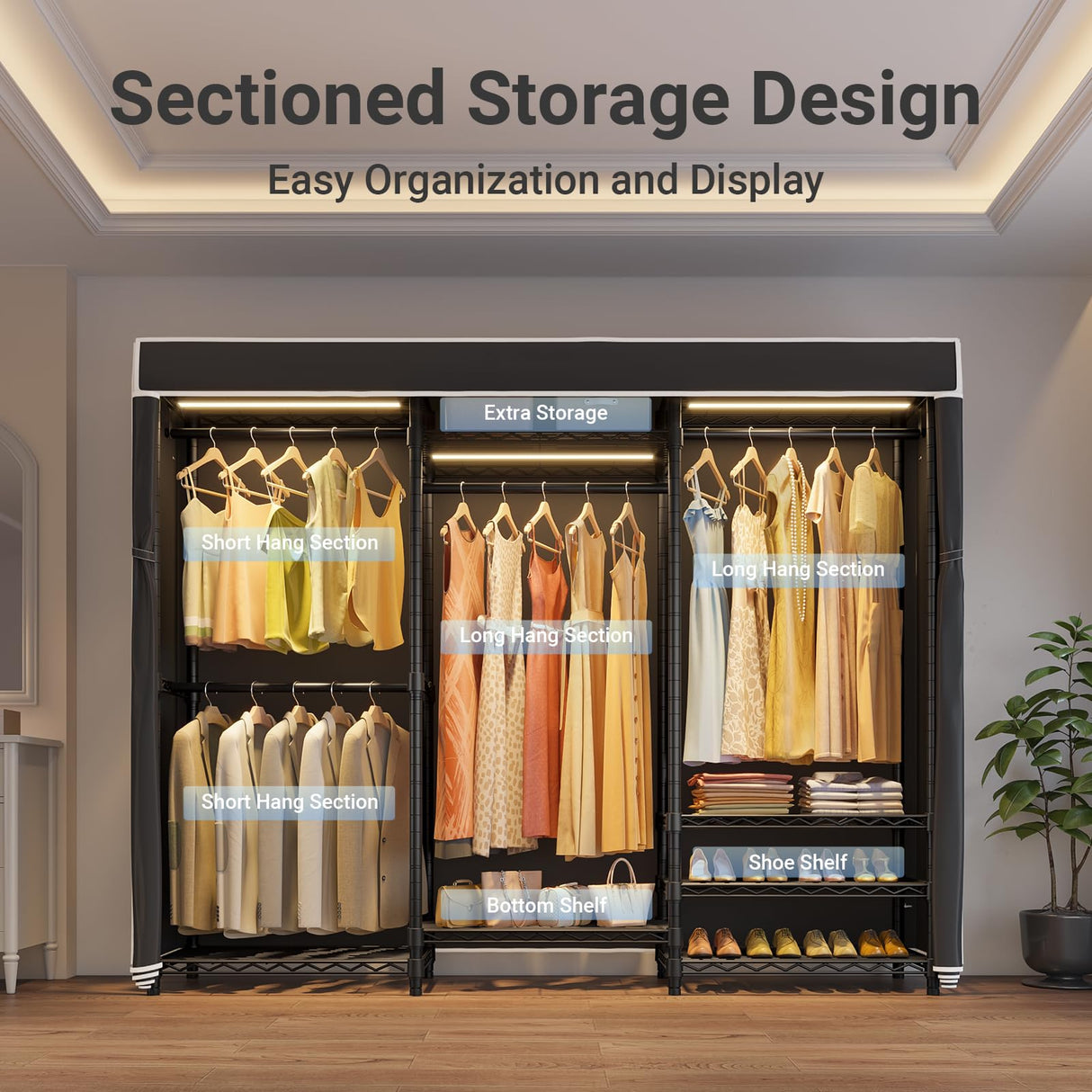 VIPEK V5LC Garment Rack Heavy Duty Covered Clothes Racks with Dimmable LED Light 3000K Warm White, Portable Closet Wardrobe Freestanding Clothing Racks for Hanging Clothes, Black Rack with Black Cover VIPEK