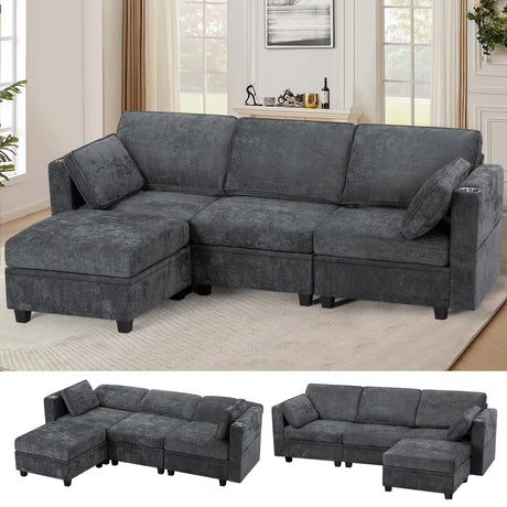 ACMEASE 86 Inches Chenille 3 Seats Sofa w/Adjustable Backrests, Sectional Sofa w/Cup Holders & Movable Storage Ottoman, Upholstery Fabric Couch w/USB & Type-C Charging Ports for Living Room, Grey ACMEASE