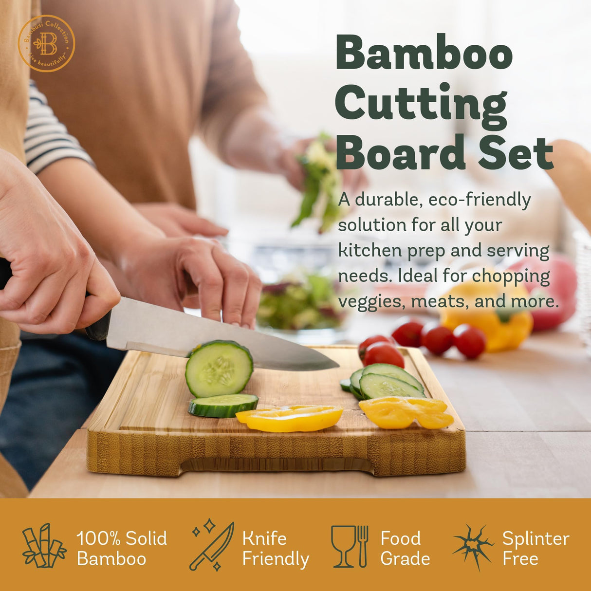 Wood Cutting Board - 3 Piece Bamboo Cutting Board Set, Wooden Cutting Boards for Kitchen with Deep Juice Groove, Side Handles - Wood Chopping Boards for Meal Prep, Meat, Vegetables, and Charcuterie Bambüsi