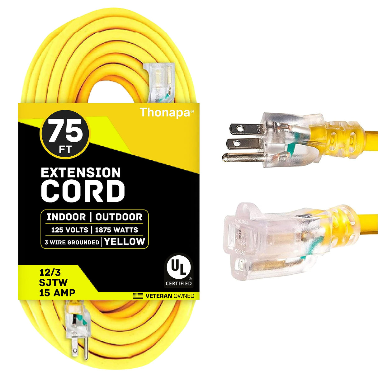 Thonapa Lighted Outdoor Extension Cord 75 ft - 12 Gauge 15 Amp Heavy Duty Power Extension Cords - SJTW - Great for Major Appliances, Power Tools, Garden Supplies - Yellow Thonapa