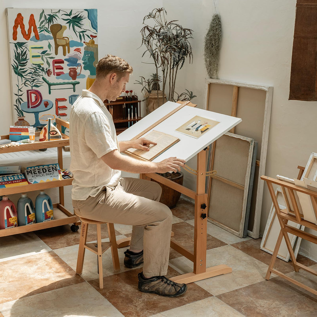 MEEDEN White Adjustable Drafting Table: 35.5" x 23.5" Art Drawing Desk with Height Adjustment - Solid Beech Wood Craft Painting Table - Large Tilting Table for Adults Artists Writing Working MEEDEN